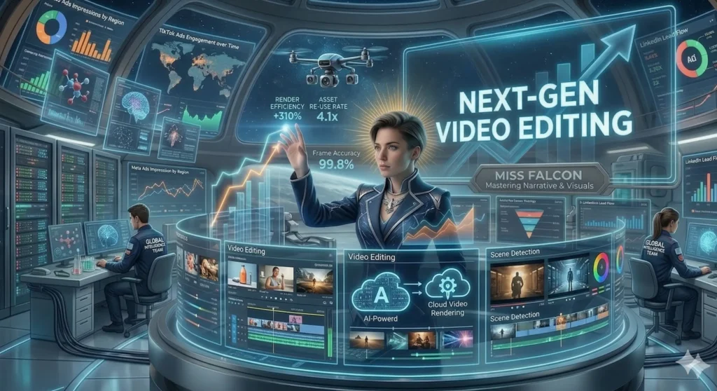 Miss Falcon using an AI-powered video editing interface featuring cloud rendering, frame accuracy, and high-velocity asset re-use rates.