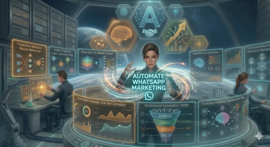 Miss Falcon overseeing an automated WhatsApp marketing dashboard with neural networks, predictive audience segmentation, and real-time AI model fusion.