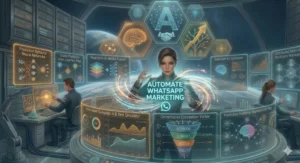 Miss Falcon overseeing an automated WhatsApp marketing dashboard with neural networks, predictive audience segmentation, and real-time AI model fusion.