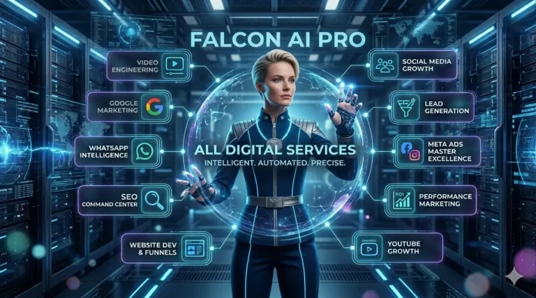 Miss Falcon, the brand's AI guide, standing in a futuristic command center displaying a dashboard of services including Google Marketing, Video Engineering, WhatsApp Intelligence, and Performance Marketing for Falcon AI Pro.