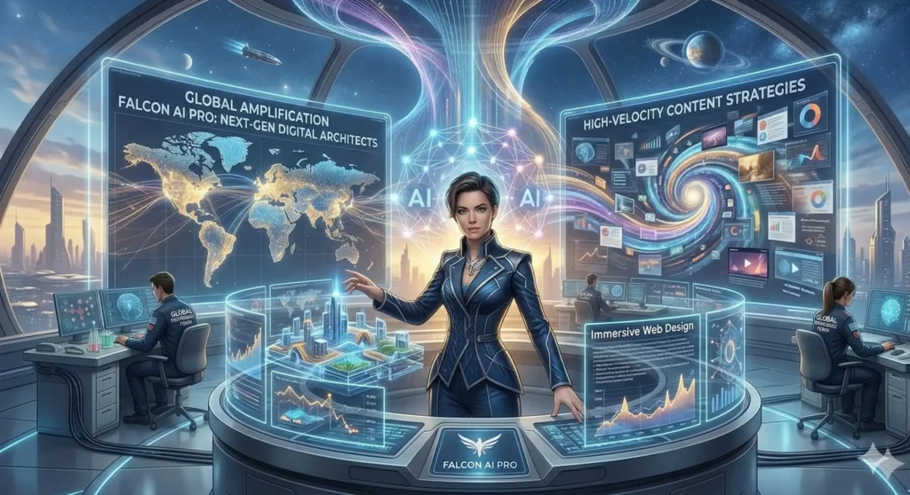 Miss Falcon leading a futuristic digital command center featuring immersive web design, global amplification maps, and high-velocity content strategies by Falcon AI Pro.