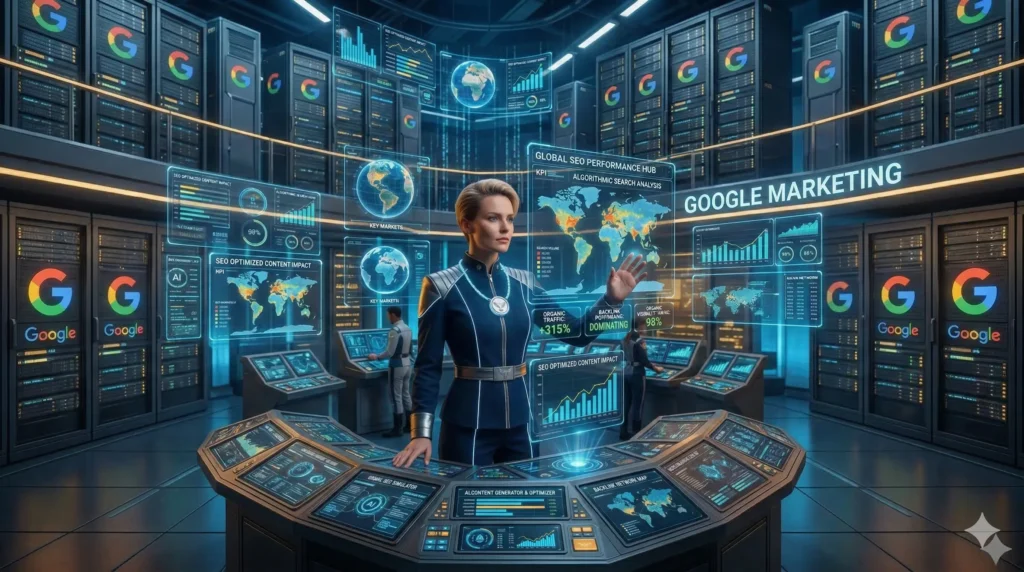 Miss Falcon digital strategist in a high-tech command center monitoring real-time Google Marketing analytics, global SEO heatmaps, and AI-driven growth charts on holographic displays.