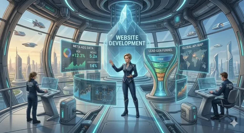 Miss Falcon presenting a futuristic 3D website development architecture including lead gen funnels, global API maps, and conversion rate optimization.