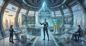 Miss Falcon presenting a futuristic 3D website development architecture including lead gen funnels, global API maps, and conversion rate optimization.