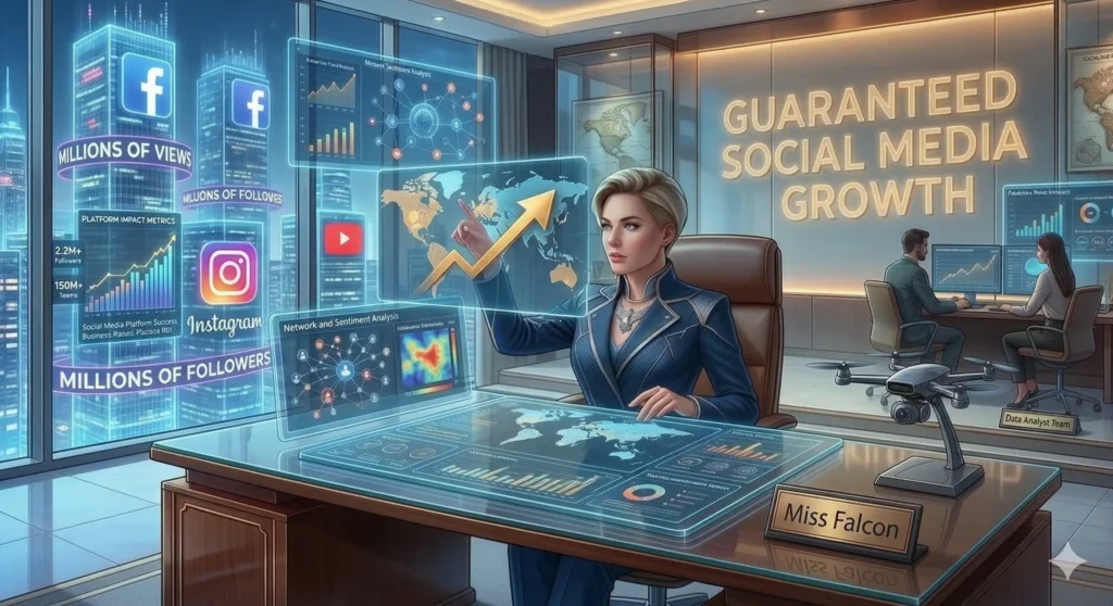 Miss Falcon managing a social media command center showing millions of followers and engagement metrics for Facebook, Instagram, and YouTube.