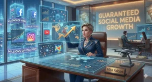 Miss Falcon managing a social media command center showing millions of followers and engagement metrics for Facebook, Instagram, and YouTube.