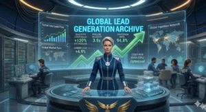 Miss Falcon in a futuristic AI command center with a neon blue Global Lead Generation Archive dashboard showing +120% qualified lead boost and real-time data metrics.