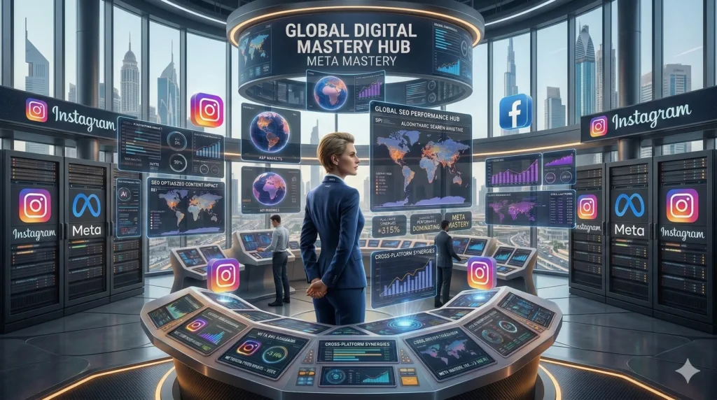 A professional corporate command center featuring Miss Falcon strategist in a sleek business suit. The background shows high-tech server racks with Instagram and Meta logos, and holographic displays showing real-time Facebook ads analytics and social media engagement data.
