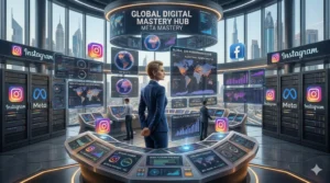 A professional corporate command center featuring Miss Falcon strategist in a sleek business suit. The background shows high-tech server racks with Instagram and Meta logos, and holographic displays showing real-time Facebook ads analytics and social media engagement data.