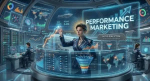 Miss Falcon analyzing real-time ROI and conversion data on a futuristic performance marketing dashboard with lead generation funnel analysis.