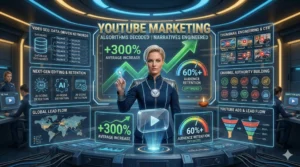 Miss Falcon in a futuristic AI command center monitoring a YouTube Marketing dashboard showing +300% growth and 60% audience retention metrics for Falcon AI Pro.